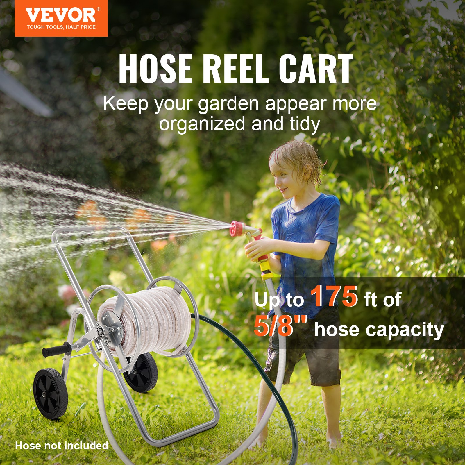 VEVOR hose reel cart for up to 175 ft of 5/8&quot; hose, helps keep your garden organized and tidy.