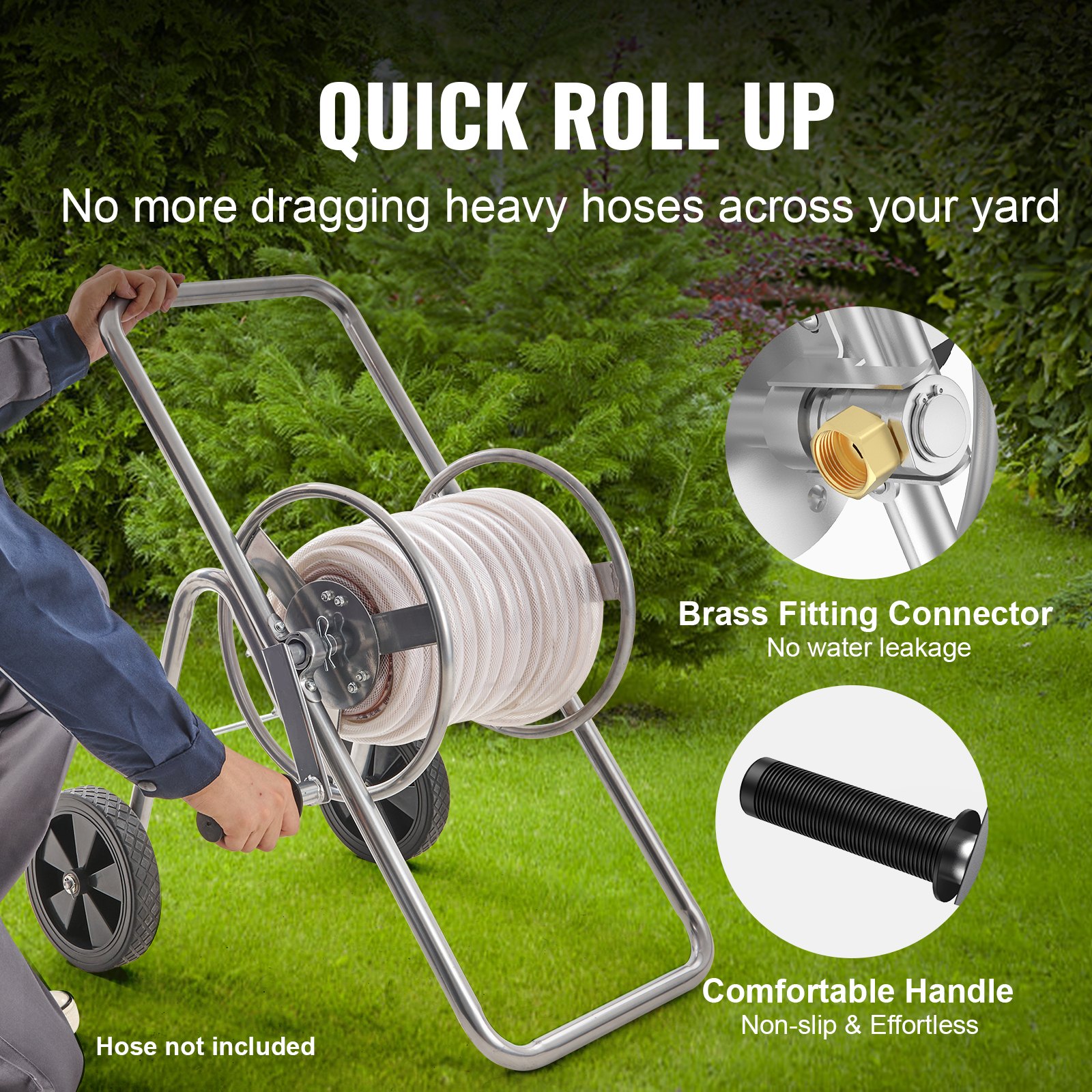 person using VEVOR hose reel cart with brass fitting connector and comfortable handle in a garden.
