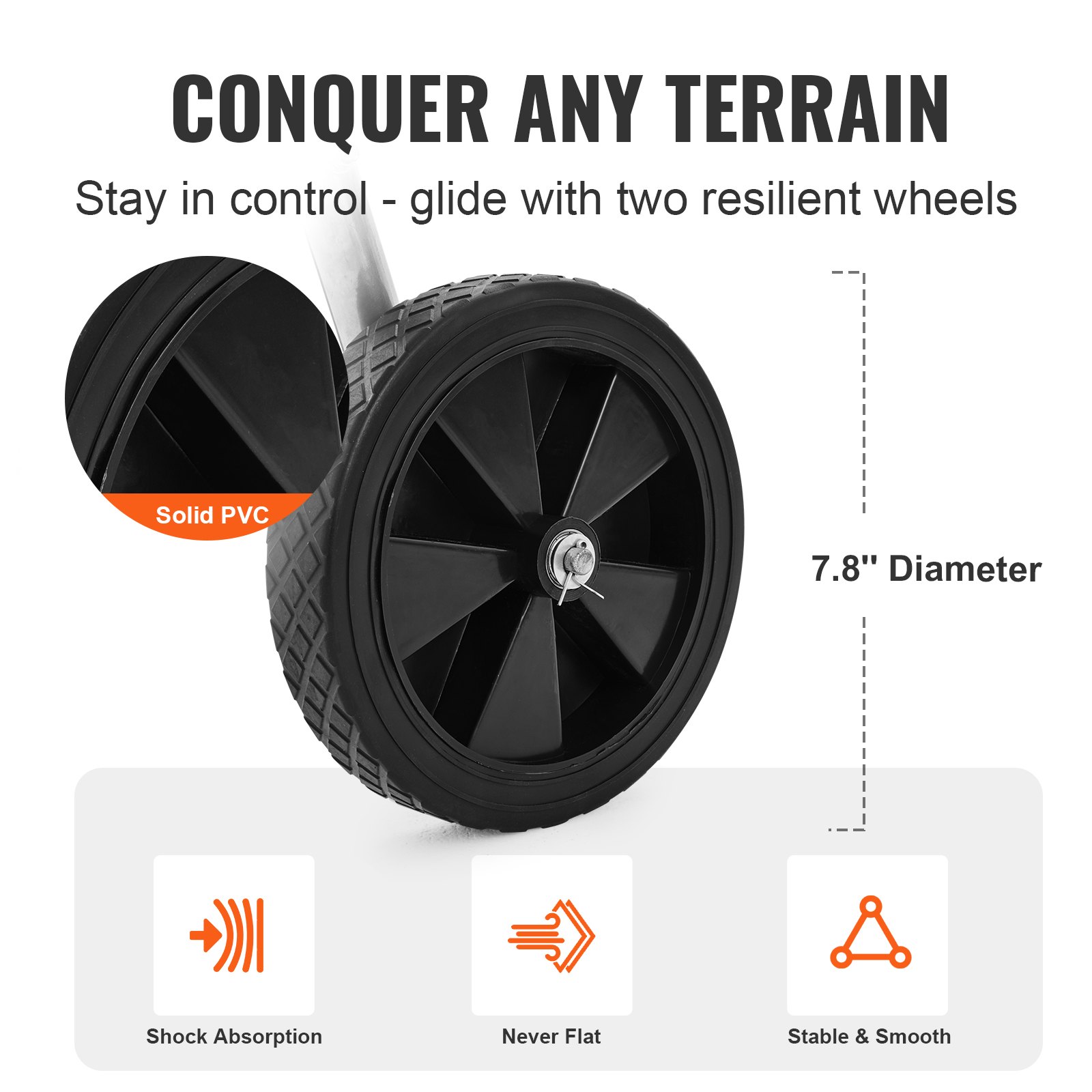 VEVOR hose reel cart features durable 7.8&quot; solid pvc wheels with shock absorption and never flat design.
