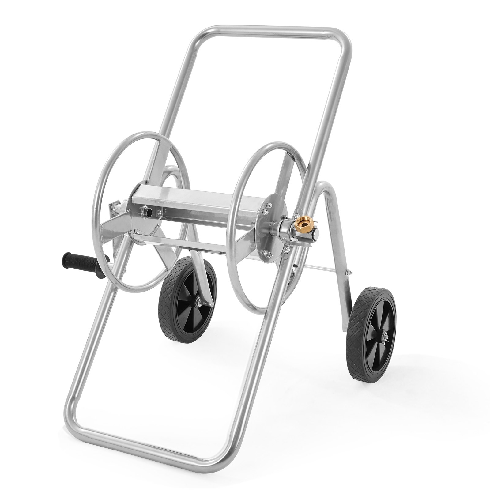 VEVOR hose reel cart with sturdy metal frame, two large wheels, and hose connector.