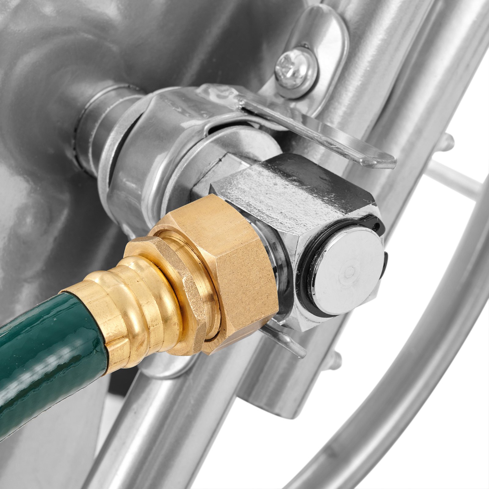 close-up view of the VEVOR hose reel cart brass fitting and green hose connection.