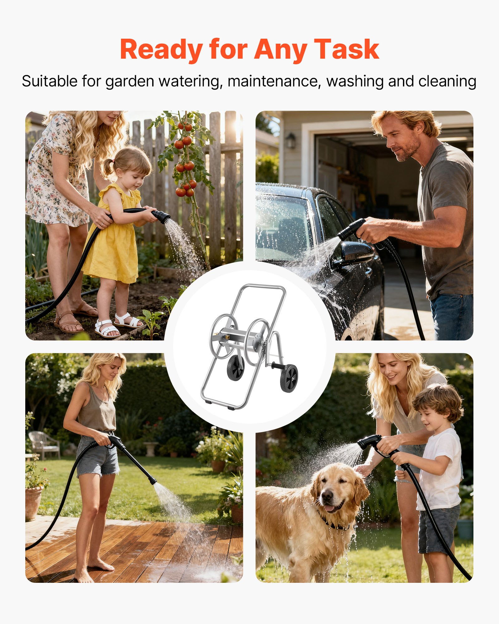 VEVOR Hose Reel Cart, Hold Up to 175 ft of 5/8’’ Hose (Hose Not Included), Garden Water Hose Carts Mobile Tools with Wheels, Heavy Duty Powder-coated Steel Outdoor Planting for Garden, Yard, Lawn