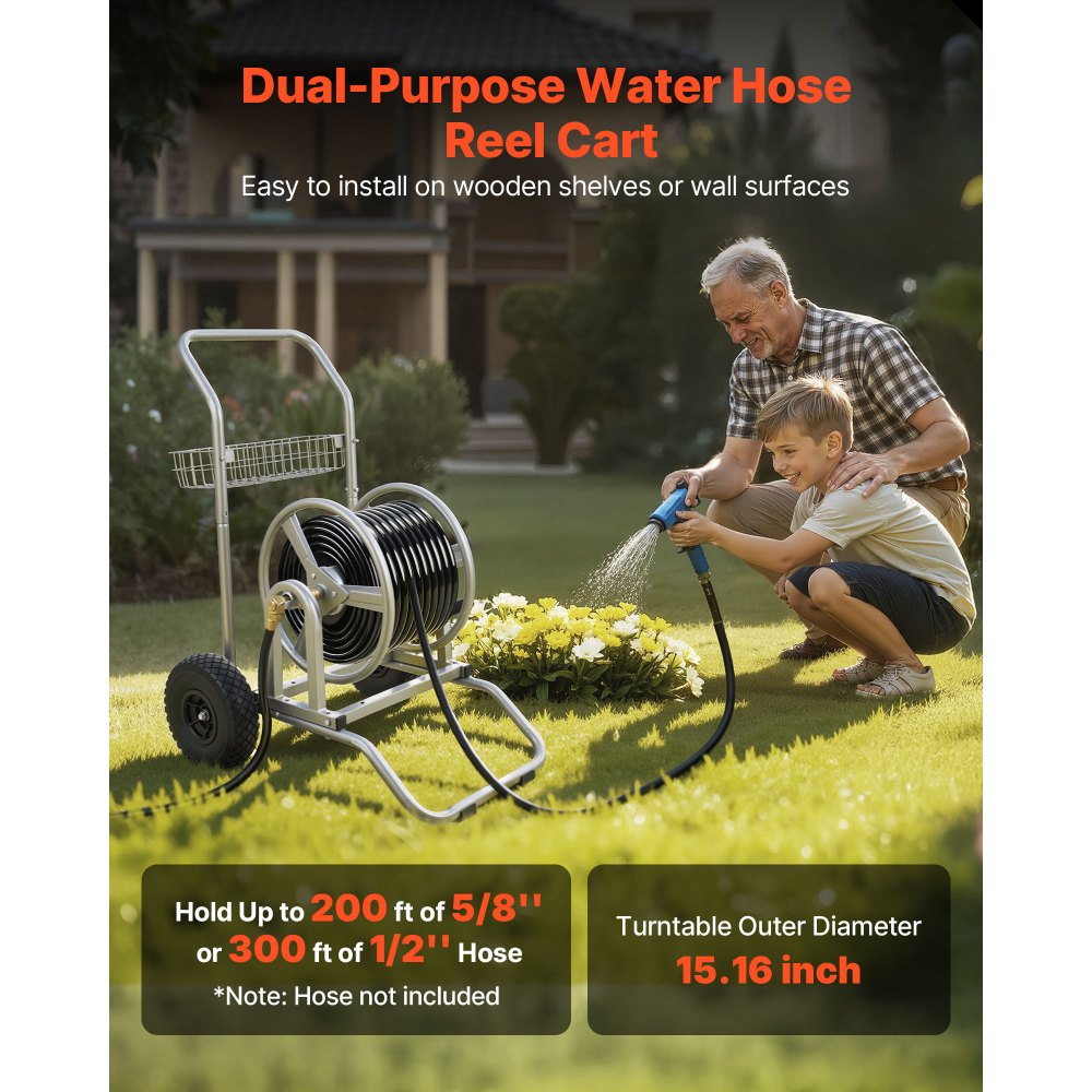 VEVOR Water Hose Reel Cart, 6096/9144 cm High-Pressure Garden Hose Cart, Hoses Reel Carts with Two Wheels, Handle & Heavy-Duty Mesh Storage Basket, Dual-Purpose Portable Hoses Reels for Garden, Car