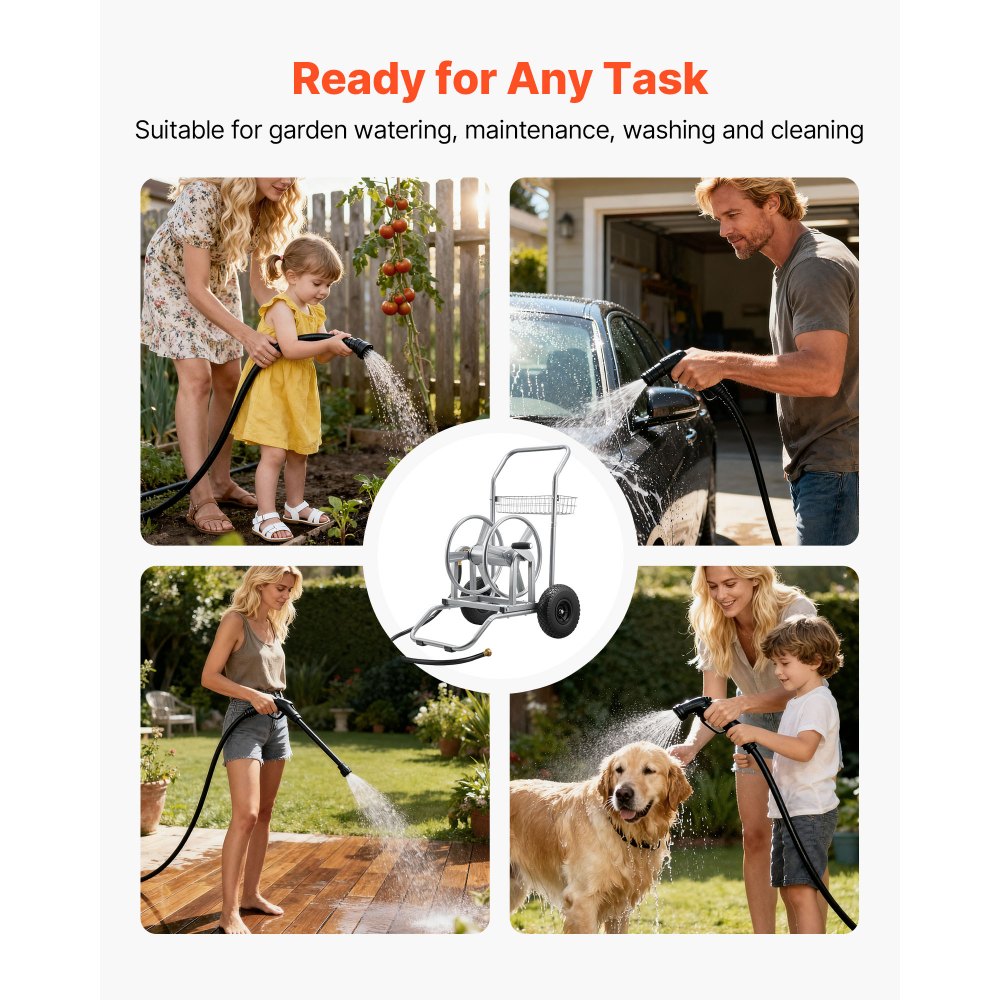 VEVOR Water Hose Reel Cart, 6096/9144 cm High-Pressure Garden Hose Cart, Hoses Reel Carts with Two Wheels, Handle & Heavy-Duty Mesh Storage Basket, Dual-Purpose Portable Hoses Reels for Garden, Car