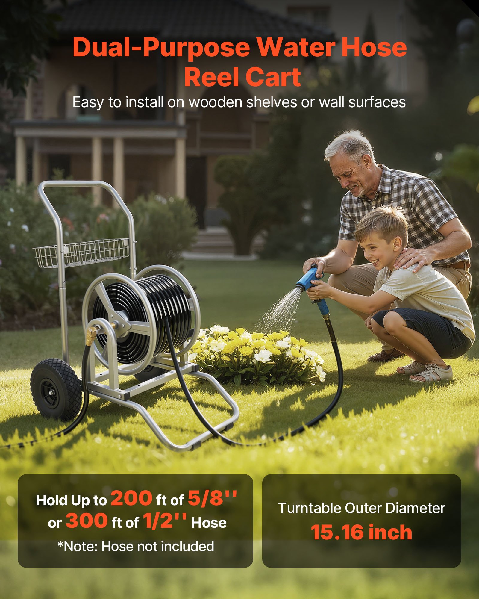 VEVOR Water Hose Reel Cart, 6096/9144 cm High-Pressure Garden Hose Cart, Hoses Reel Carts with Two Wheels, Handle & Heavy-Duty Mesh Storage Basket, Dual-Purpose Portable Hoses Reels for Garden, Car