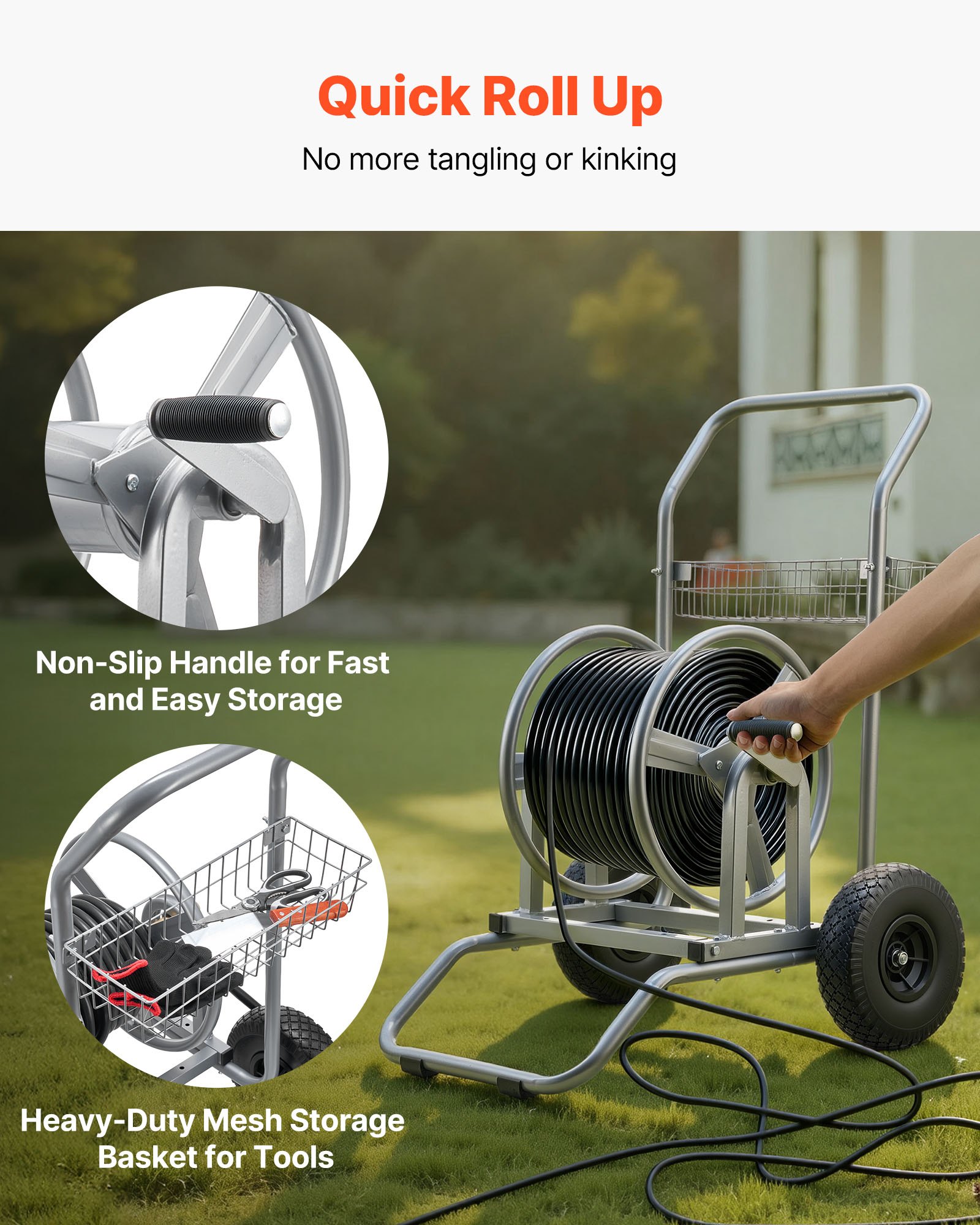 VEVOR Water Hose Reel Cart, 6096/9144 cm High-Pressure Garden Hose Cart, Hoses Reel Carts with Two Wheels, Handle & Heavy-Duty Mesh Storage Basket, Dual-Purpose Portable Hoses Reels for Garden, Car