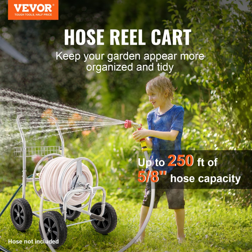 VEVOR Hose Reel Cart, Hold Up to 250 ft of 5/8’’ Hose, Garden Water Hose  Carts Mobile Tools with 4 Wheels, Heavy Duty Powder-coated Steel Outdoor