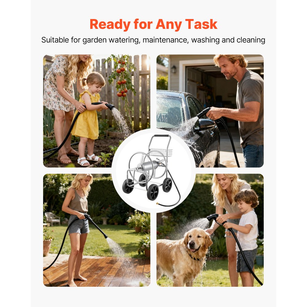 VEVOR Hose Reel Cart, Hold Up to 250 ft of 5/8’’ Hose, Garden Water Hose Carts Mobile Tools with 4 Wheels, Heavy Duty Powder-coated Steel Outdoor Planting with Storage Basket, for Garden, Yard, Lawn