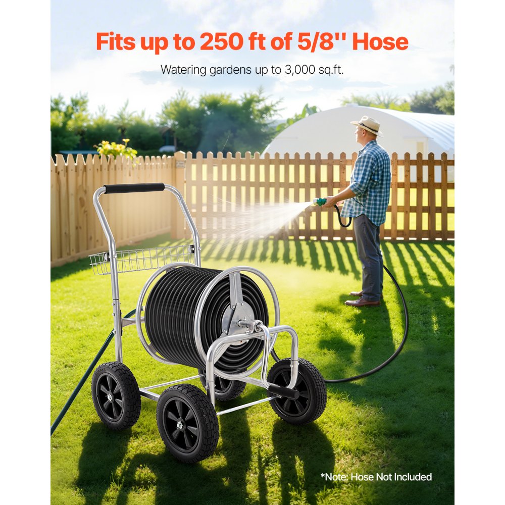VEVOR Hose Reel Cart, Hold Up to 250 ft of 5/8’’ Hose, Garden Water Hose Carts Mobile Tools with 4 Wheels, Heavy Duty Powder-coated Steel Outdoor Planting with Storage Basket, for Garden, Yard, Lawn