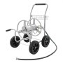 VEVOR hose reel cart with black wheels, silver frame, and ergonomic handles for easy garden hose storage.