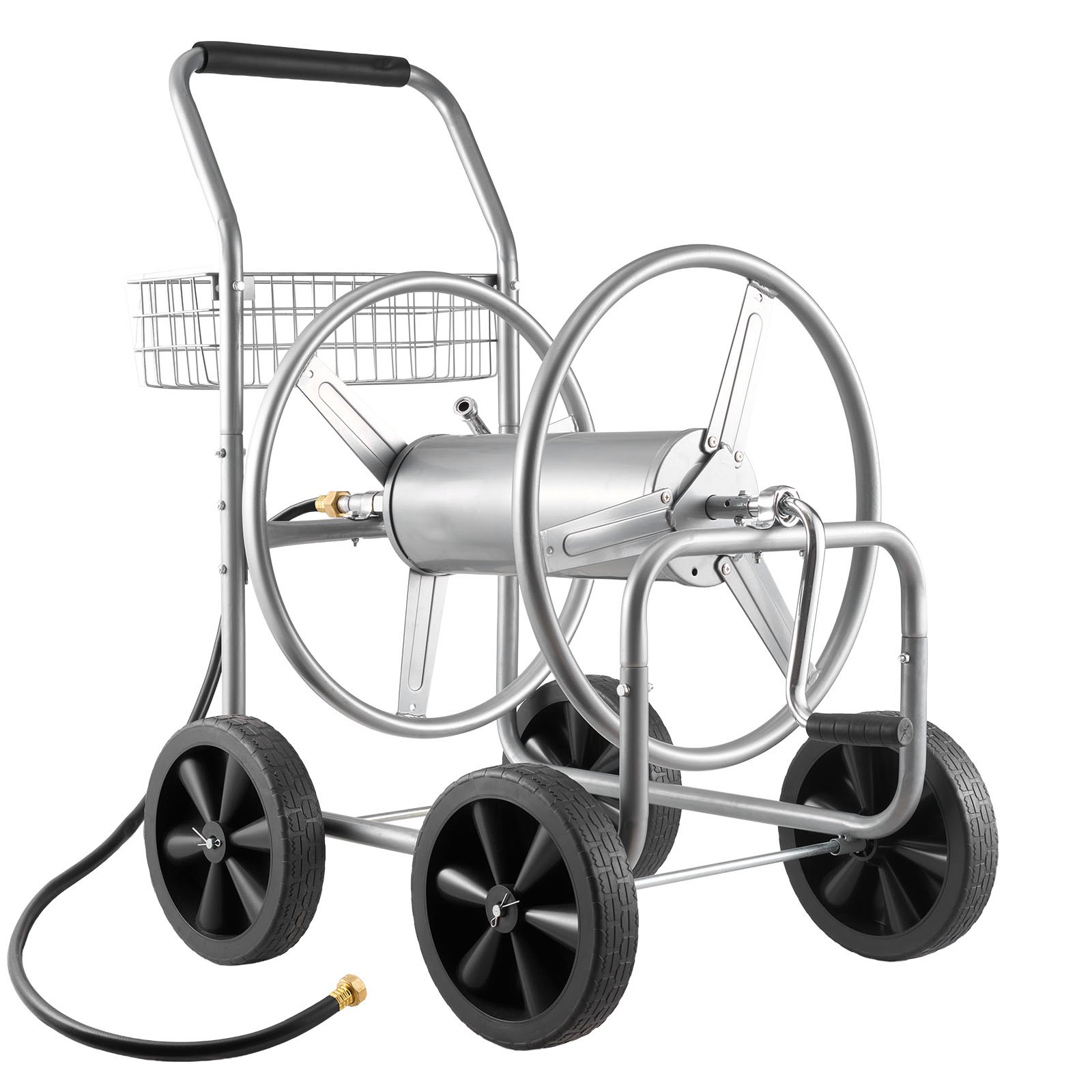 VEVOR Hose Reel Cart, Hold Up to 250 ft of 5/8’’ Hose, Garden Water Hose Carts Mobile Tools with 4 Wheels, Heavy Duty Powder-coated Steel Outdoor Planting with Storage Basket, for Garden, Yard, Lawn