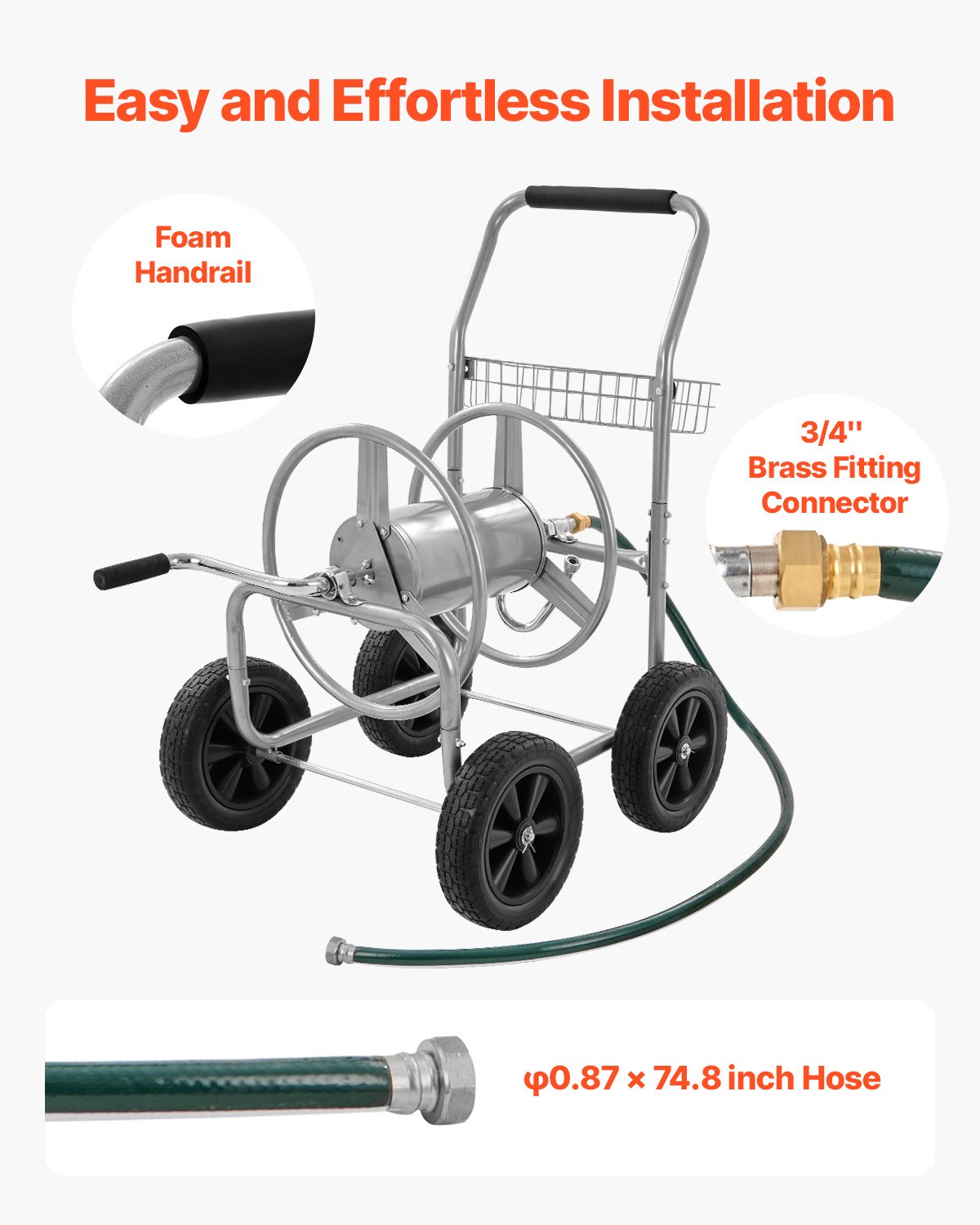 VEVOR Hose Reel Cart, Hold Up to 250 ft of 5/8’’ Hose, Garden Water Hose Carts Mobile Tools with 4 Wheels, Heavy Duty Powder-coated Steel Outdoor Planting with Storage Basket, for Garden, Yard, Lawn