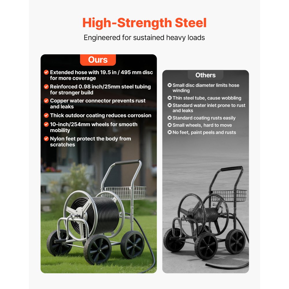 VEVOR Hose Reel Cart, Hold Up to 91.44 m of 1.59 cm Hose, Garden Water Hose Carts Mobile Tools with 4 Wheels, Heavy Duty Powder-coated Steel Outdoor Planting with Storage Basket, for Garden, Yard, Lawn