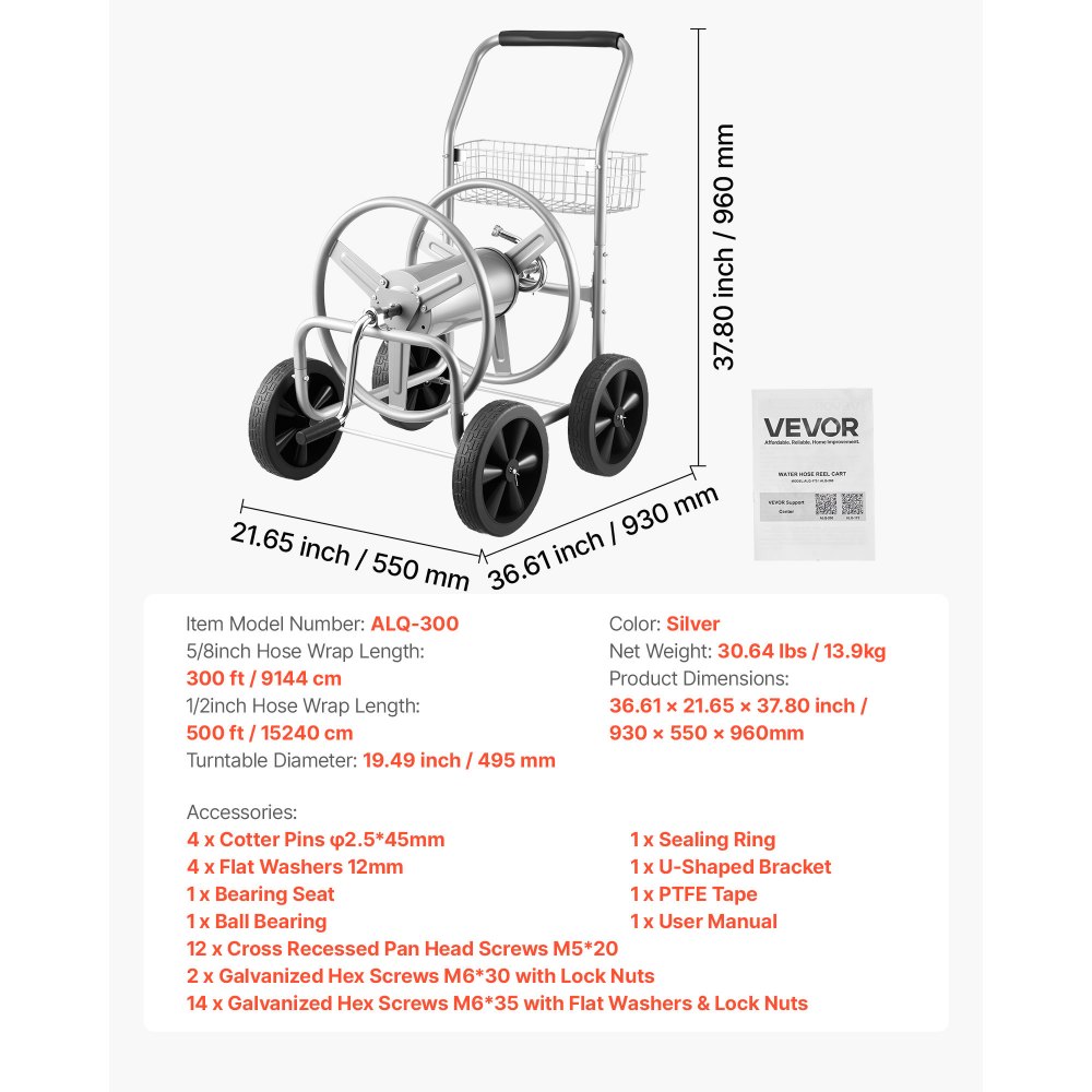 VEVOR Hose Reel Cart, Hold Up to 91.44 m of 1.59 cm Hose, Garden Water Hose Carts Mobile Tools with 4 Wheels, Heavy Duty Powder-coated Steel Outdoor Planting with Storage Basket, for Garden, Yard, Lawn