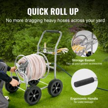 VEVOR Hose Reel Cart, Hold Up to 300 ft of 5/8’’ Hose, Garden Water Hose Carts Mobile Tools with 4 Wheels, Heavy Duty Powder-coated Steel Outdoor Planting with Storage Basket, for Garden, Yard, Lawn