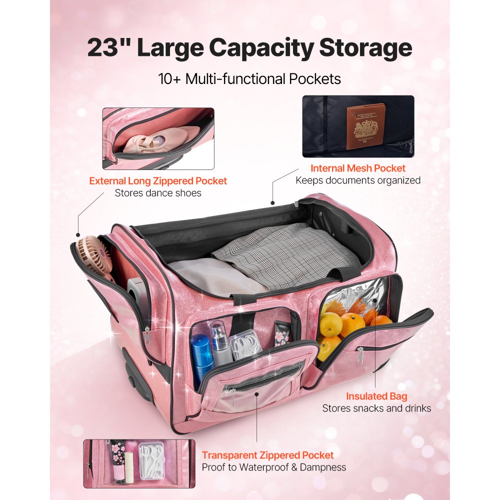 VEVOR Dance Bag with Garment Rack, 584.2 mm Rolling Dance Duffel, with Wheels, USB Port, Height Adjustable Clothes Rack, Privacy Protection Curtain, Ideal for Travel and Competitions, Sparkling Pink