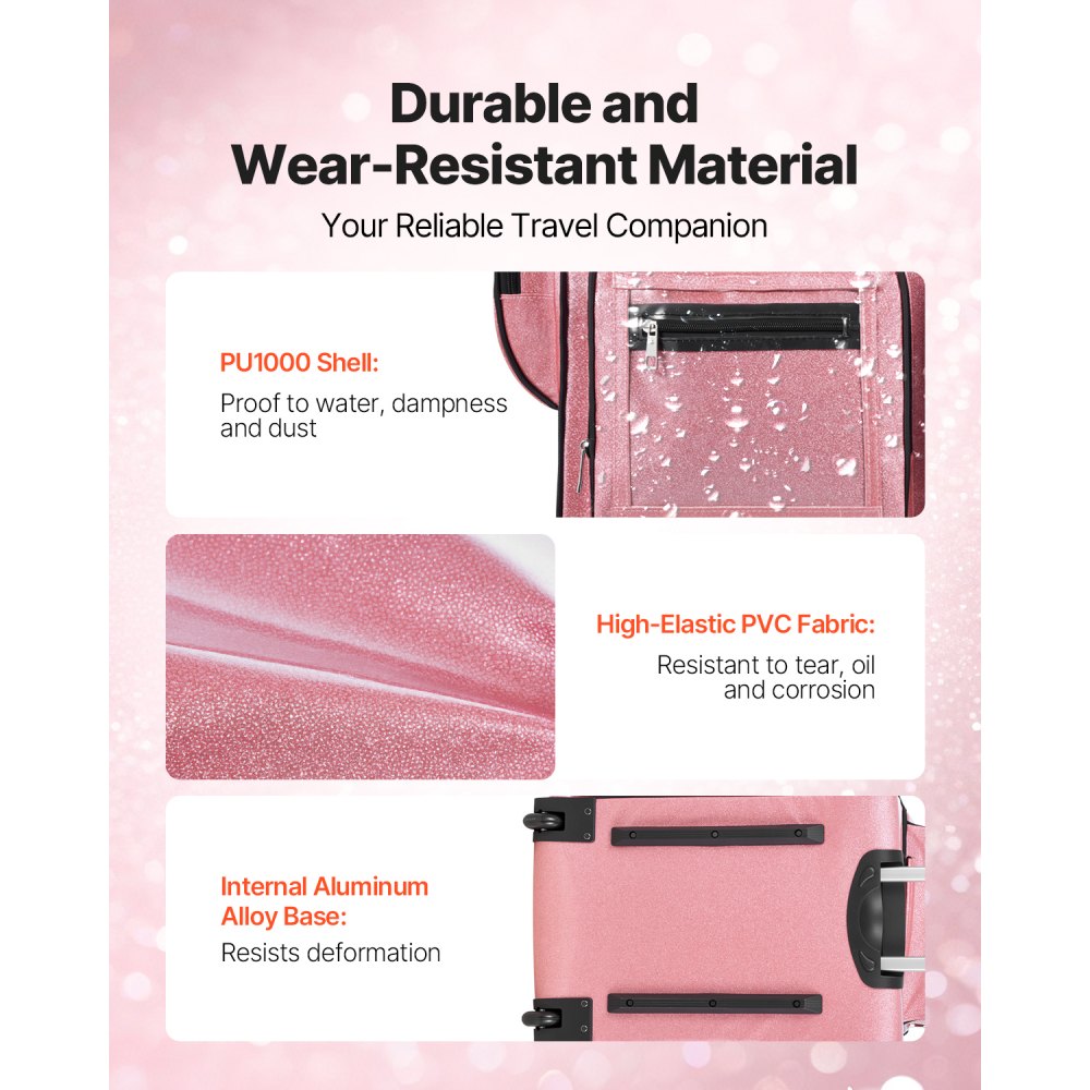 VEVOR Dance Bag with Garment Rack, 584.2 mm Rolling Dance Duffel, with Wheels, USB Port, Height Adjustable Clothes Rack, Privacy Protection Curtain, Ideal for Travel and Competitions, Sparkling Pink