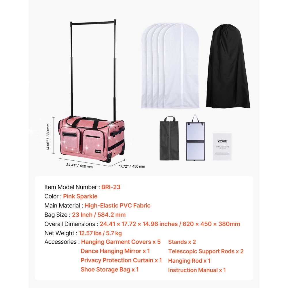 VEVOR Dance Bag with Garment Rack, 584.2 mm Rolling Dance Duffel, with Wheels, USB Port, Height Adjustable Clothes Rack, Privacy Protection Curtain, Ideal for Travel and Competitions, Sparkling Pink