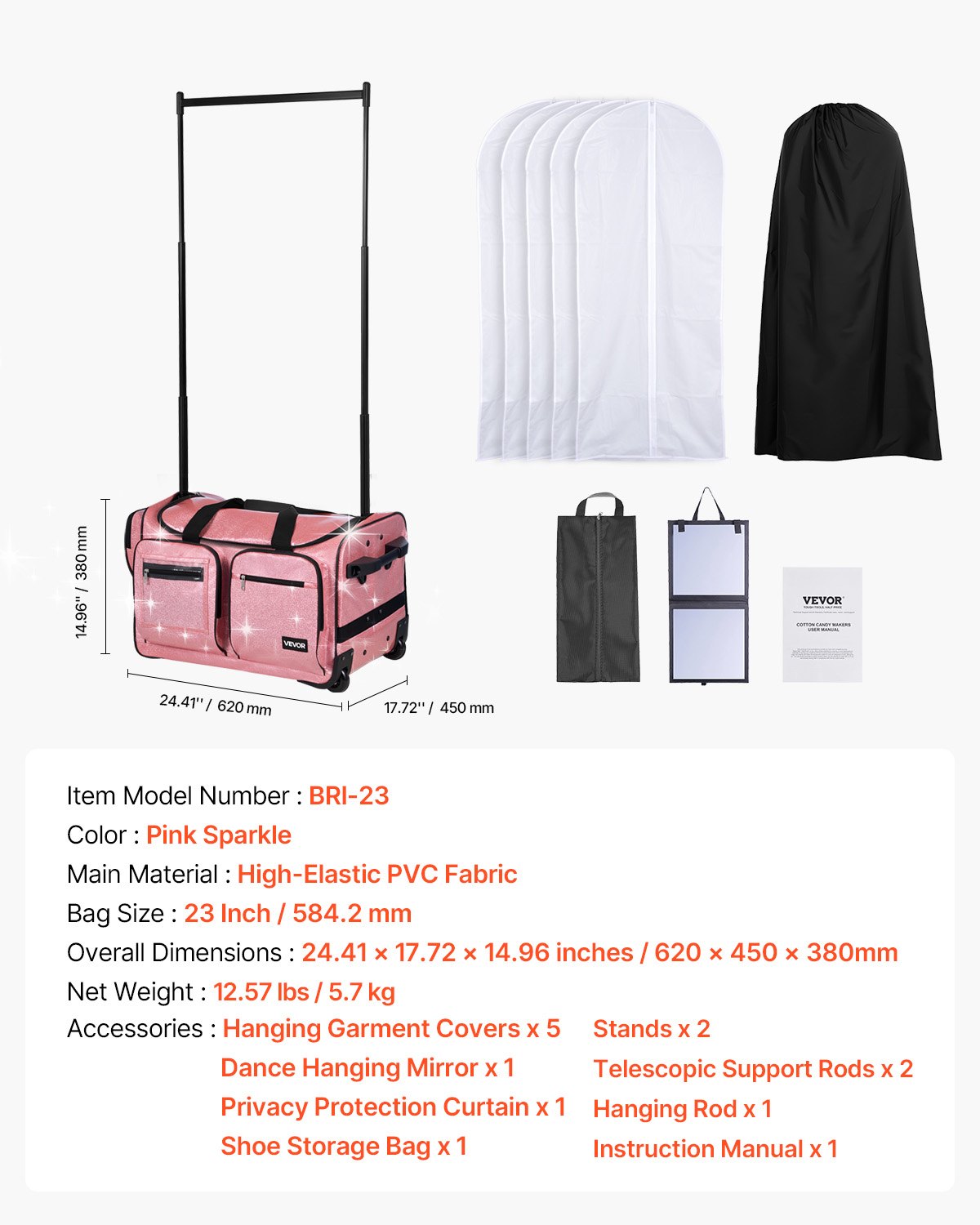 VEVOR Dance Bag with Garment Rack, 584.2 mm Rolling Dance Duffel, with Wheels, USB Port, Height Adjustable Clothes Rack, Privacy Protection Curtain, Ideal for Travel and Competitions, Sparkling Pink