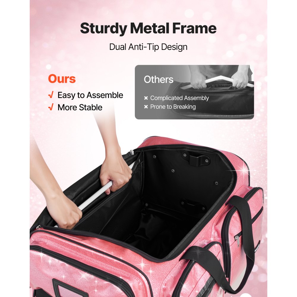VEVOR Dance Bag with Garment Rack, 23 Inch Rolling Dance Duffel, with Wheels, USB Port, Height Adjustable Clothes Rack, Privacy Protection Curtain, Ideal for Travel and Competitions, Sparkling Pink