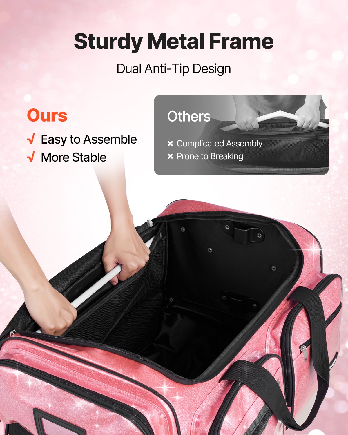 VEVOR Dance Bag with Garment Rack, 23 Inch Rolling Dance Duffel, with Wheels, USB Port, Height Adjustable Clothes Rack, Privacy Protection Curtain, Ideal for Travel and Competitions, Sparkling Pink