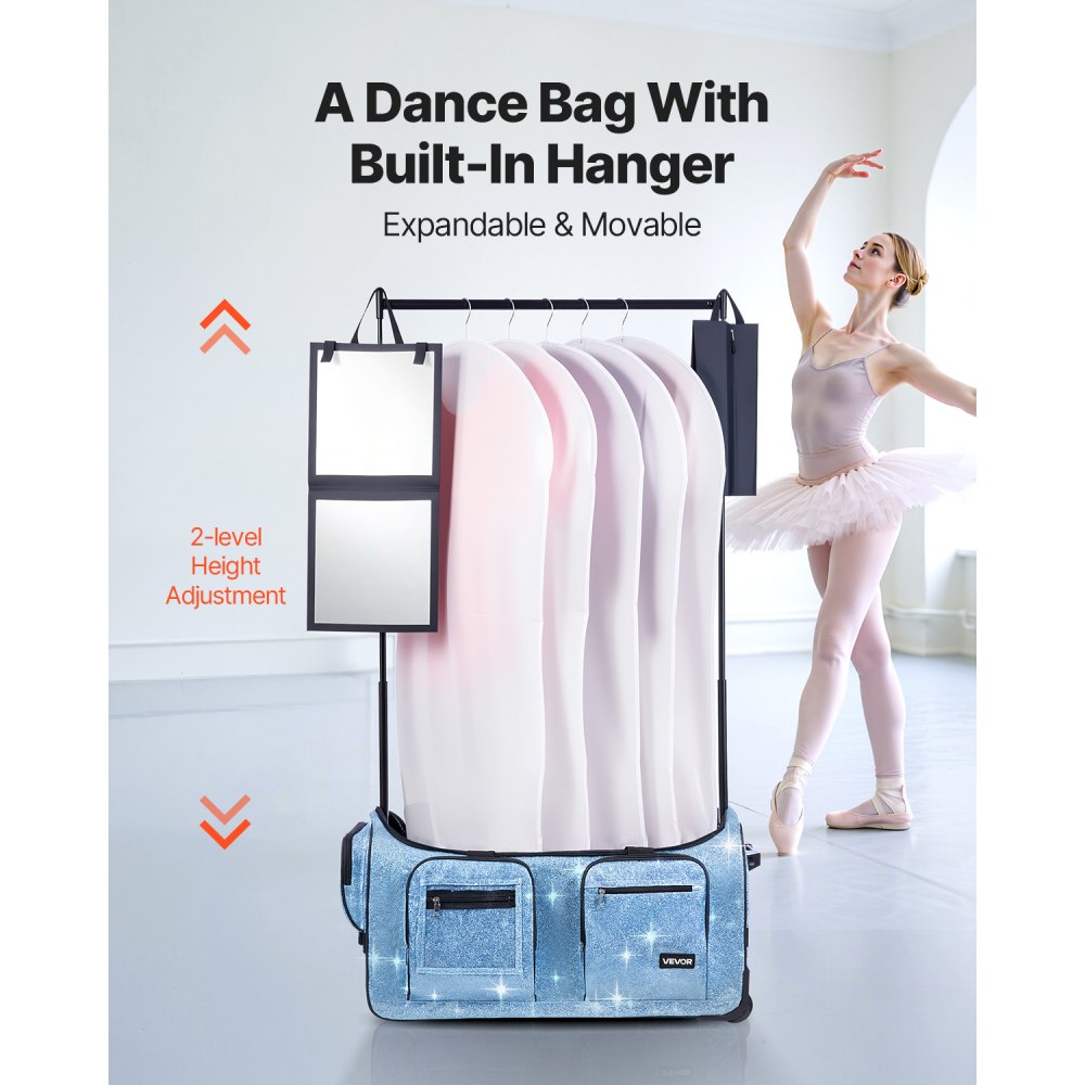 VEVOR Dance Bag with Garment Rack, 29 Inch Rolling Dance Duffel, with Wheels, USB Port, Height Adjustable Clothes Rack, Privacy Protection Curtain, Ideal for Travel and Competitions, Sparkling Blue