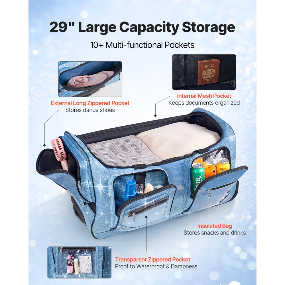 VEVOR Dance Bag with Garment Rack, 29 Inch Rolling Dance Duffel, with Wheels, USB Port, Height Adjustable Clothes Rack, Privacy Protection Curtain, Ideal for Travel and Competitions, Sparkling Blue