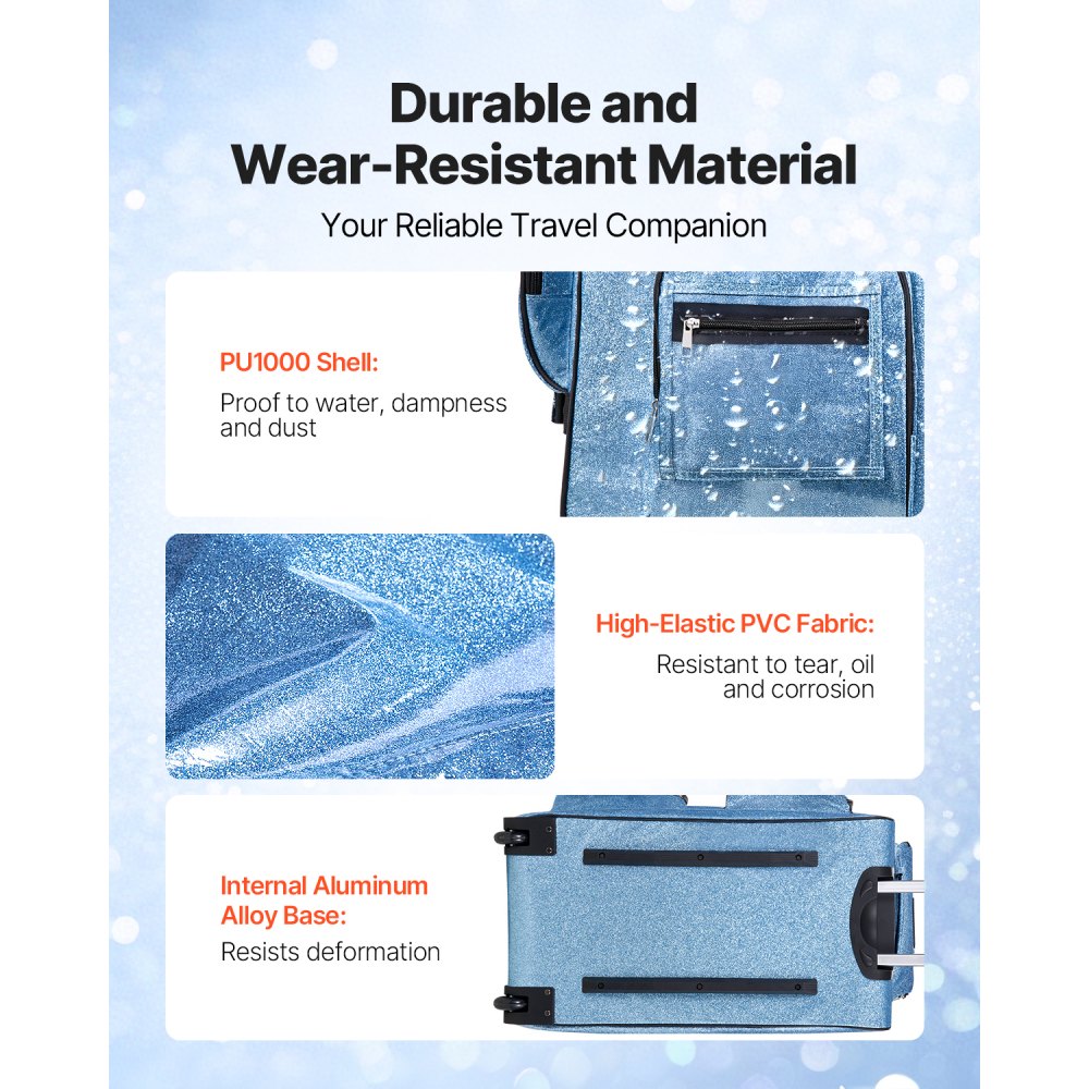 VEVOR Dance Bag with Garment Rack, 29 Inch Rolling Dance Duffel, with Wheels, USB Port, Height Adjustable Clothes Rack, Privacy Protection Curtain, Ideal for Travel and Competitions, Sparkling Blue