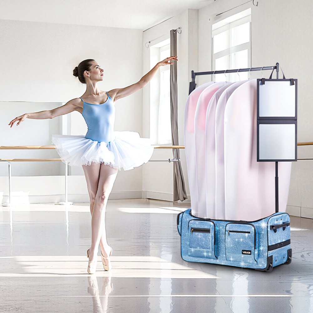 VEVOR Dance Bag with Garment Rack, 29 Inch Rolling Dance Duffel, with Wheels, USB Port, Height Adjustable Clothes Rack, Privacy Protection Curtain, Ideal for Travel and Competitions, Sparkling Blue