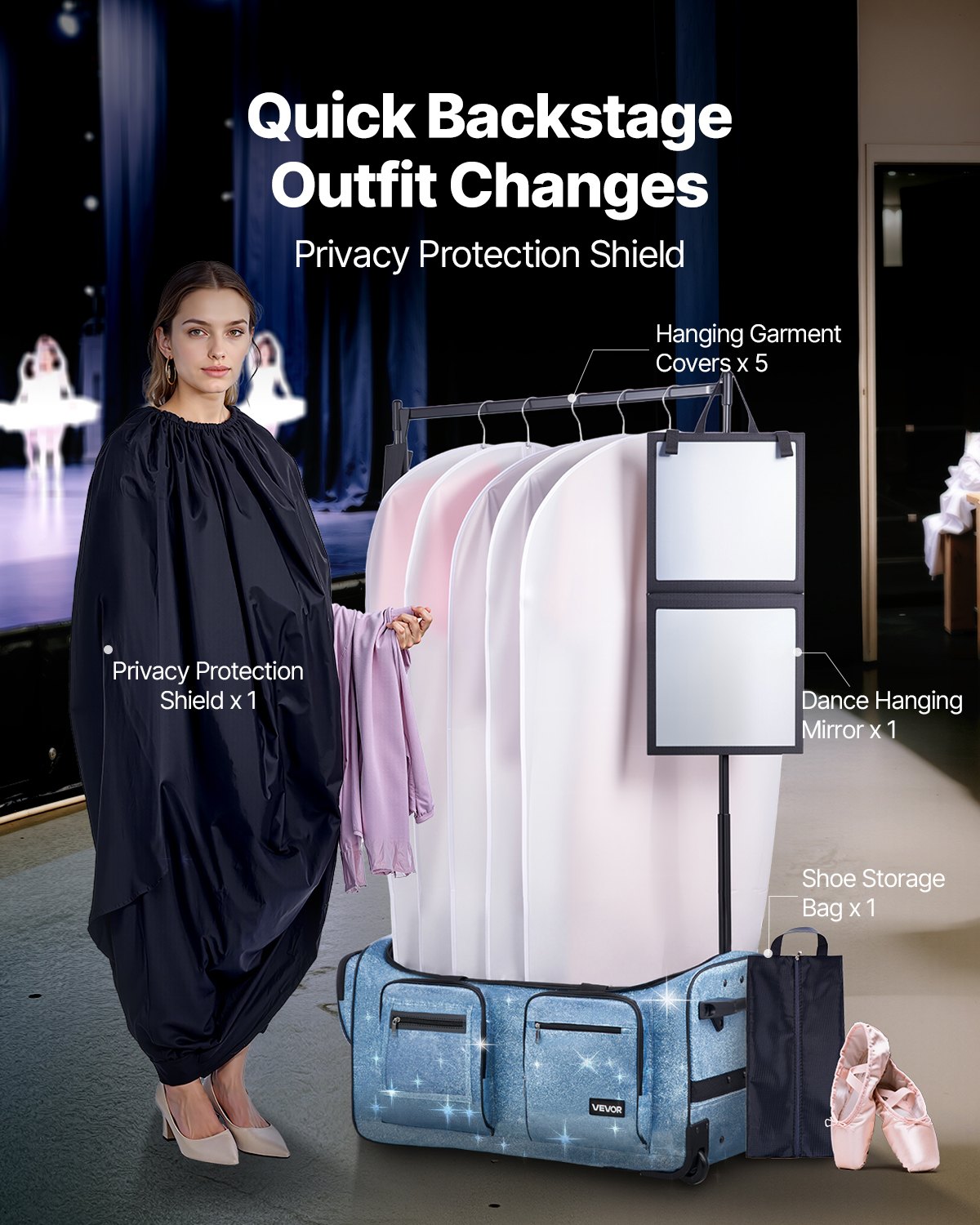 VEVOR Dance Bag with Garment Rack, 29 Inch Rolling Dance Duffel, with Wheels, USB Port, Height Adjustable Clothes Rack, Privacy Protection Curtain, Ideal for Travel and Competitions, Sparkling Blue