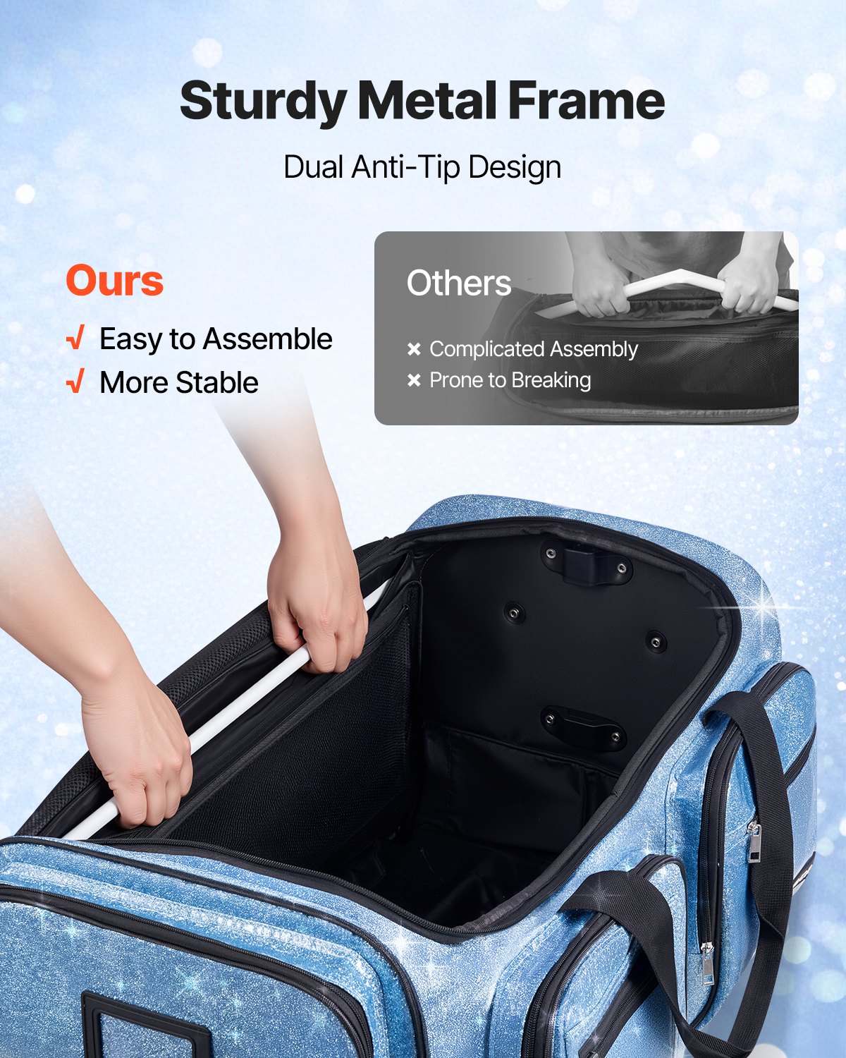 VEVOR Dance Bag with Garment Rack, 29 Inch Rolling Dance Duffel, with Wheels, USB Port, Height Adjustable Clothes Rack, Privacy Protection Curtain, Ideal for Travel and Competitions, Sparkling Blue