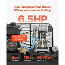 VEVOR 9 Gallon Twin-Tank Gas Powered Air Compressor, 6.5HP 9CFM Gas Driven Air Compressor Tank on Wheel, Max 115PSI Piston Pump Air-Compressed System for Tire Inflation, Auto Repairs, Spray Painting