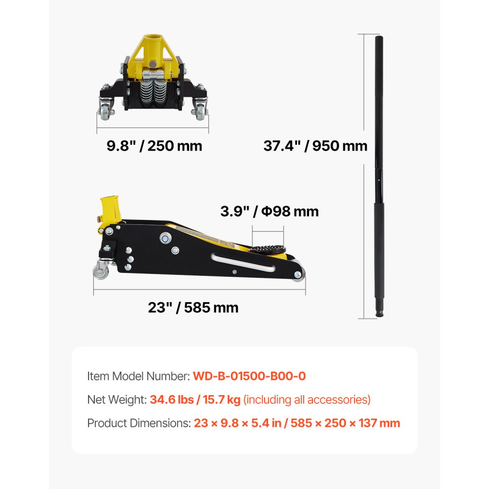 VEVOR Floor Jack, 1.5 Ton Low Profile Floor Jack, Aluminum and Steel Racing Floor Jack with Dual Pistons Quick Lift Pump, Floor Jack Lifting Range 3-3/20"-14-10/27"