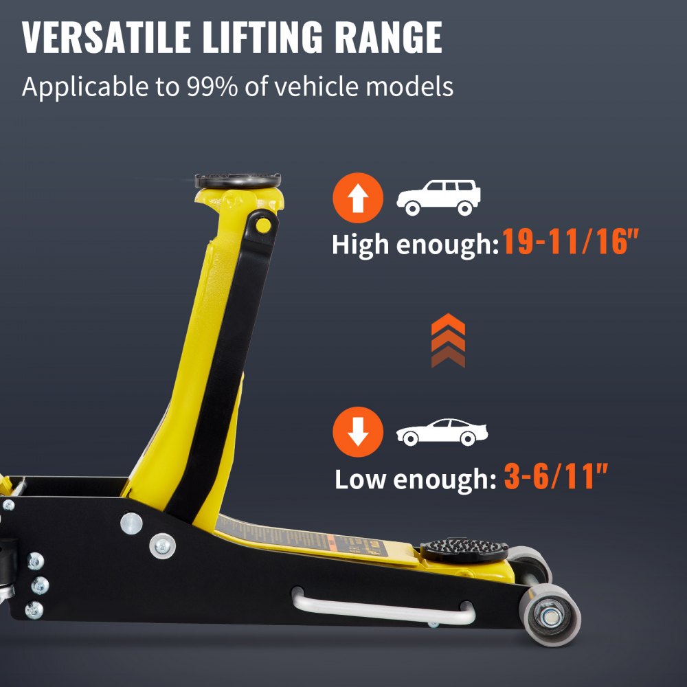 VEVOR racing floor jack showcasing versatile lifting range, high (19-11/16&quot;) and low (3-6/11&quot;).