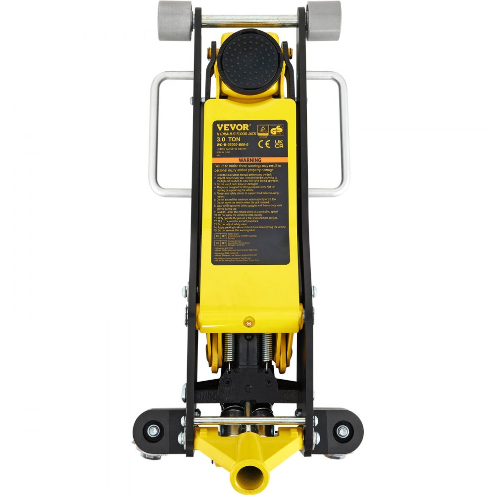 VEVOR racing floor jack, yellow and black, 3-ton capacity, with warning label and metal handles.