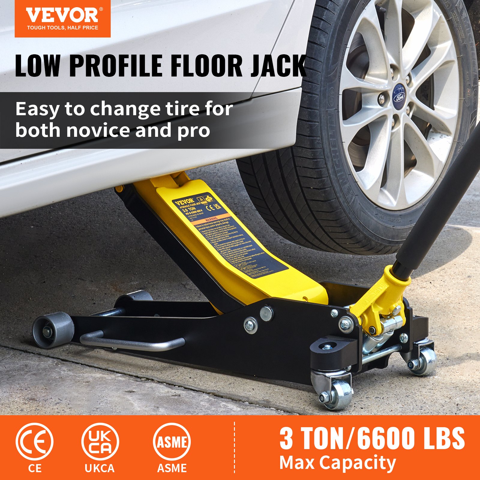 VEVOR racing floor jack lifting a white car, showcasing 3-ton capacity and ease of tire changing.