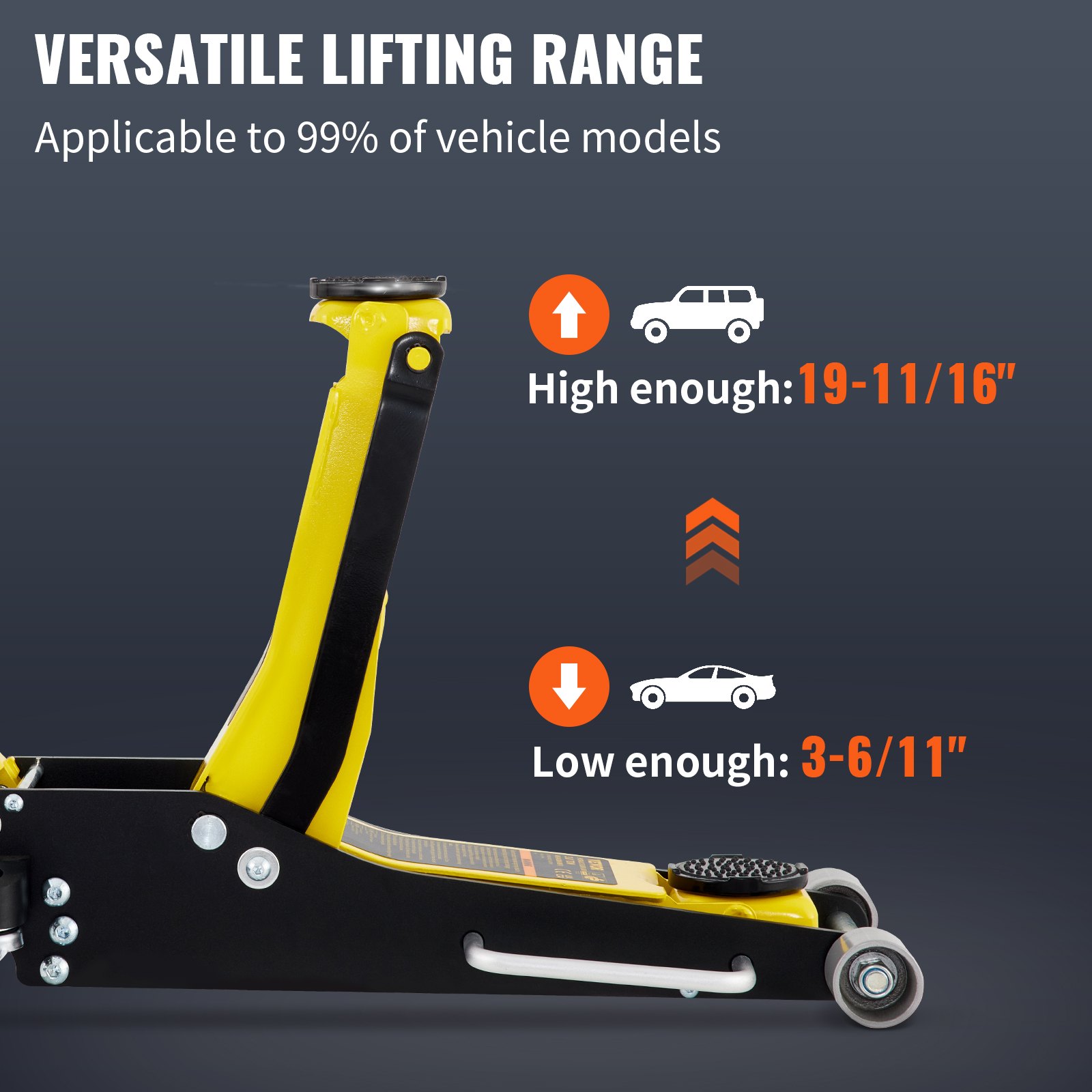 VEVOR racing floor jack showcasing versatile lifting range, high (19-11/16&quot;) and low (3-6/11&quot;).