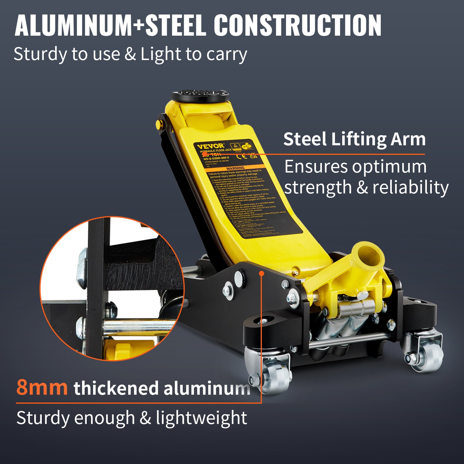 VEVOR racing floor jack: aluminum+steel construction, steel lifting arm, 8mm thickened aluminum.