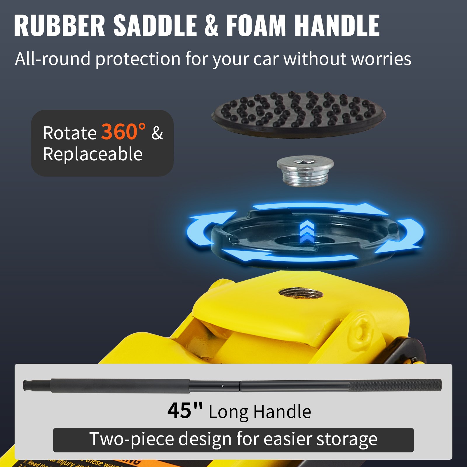 rubber saddle and foam handle of VEVOR racing floor jack, 45&quot; long handle, rotate 360° and replaceable.