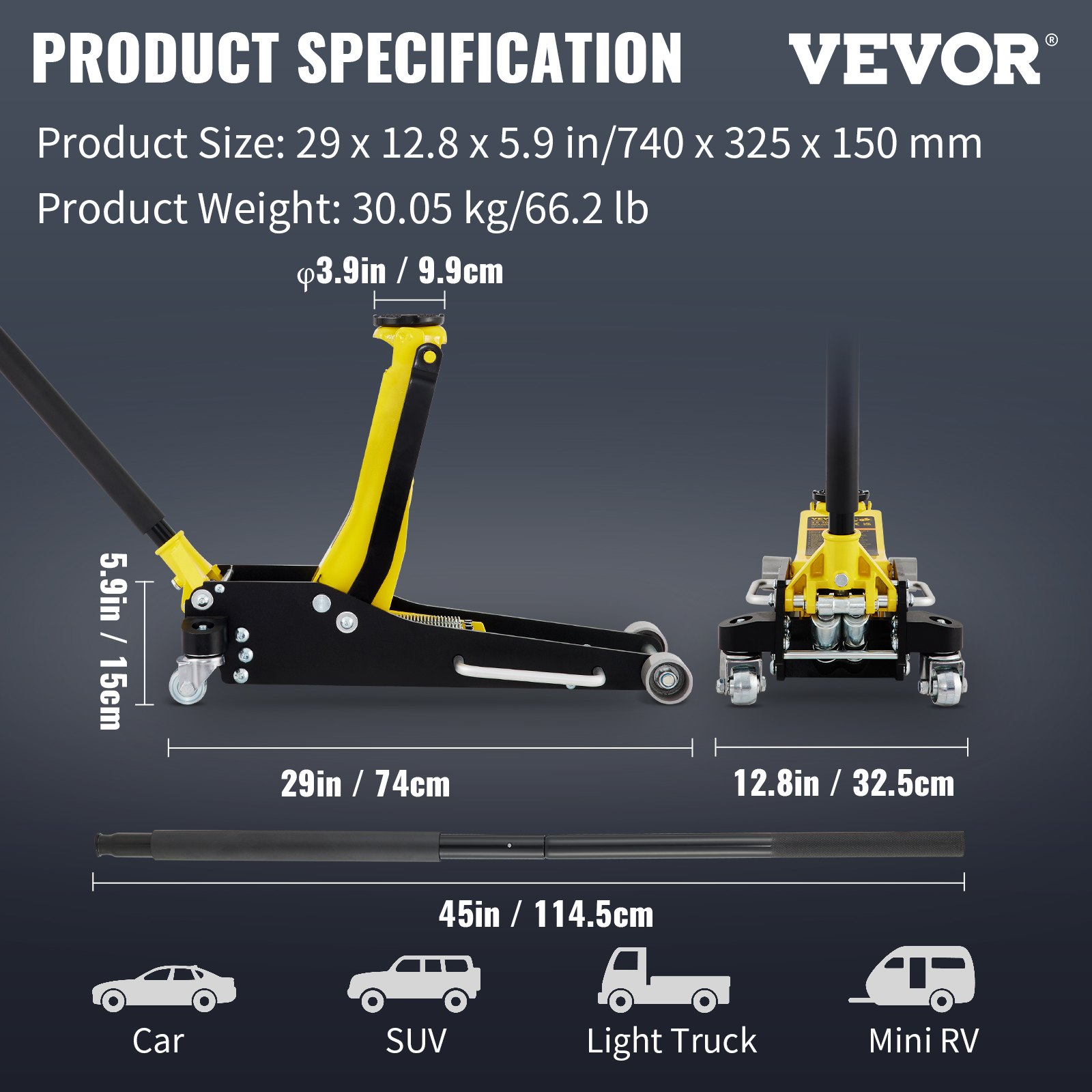 VEVOR racing floor jack dimensions: 29 x 12.8 x 5.9 inches, weight: 66.2 lbs, suitable for cars and suvs.