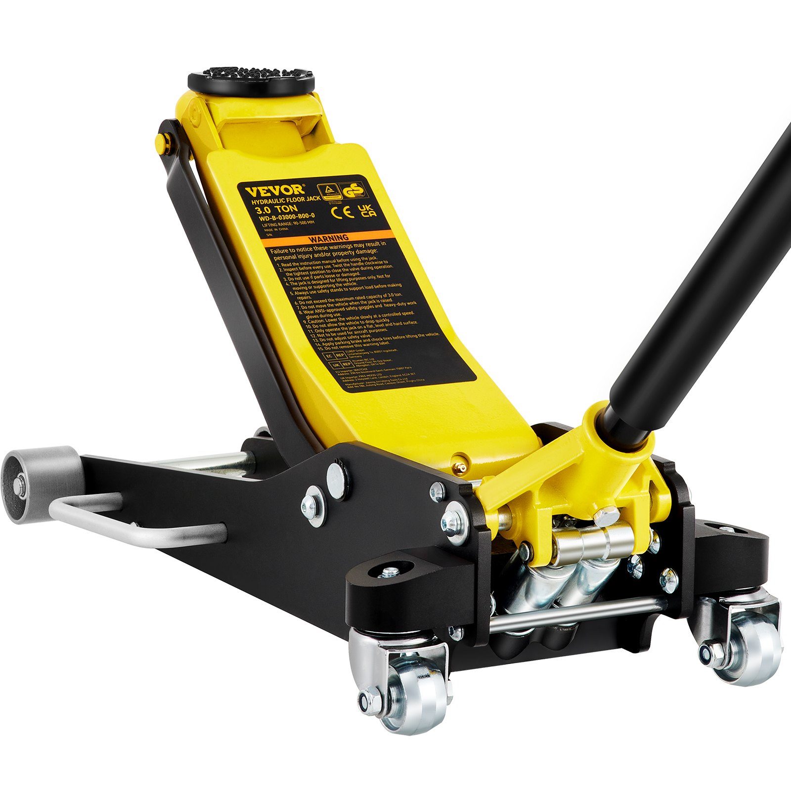 yellow and black VEVOR racing floor jack with a 3-ton capacity, featuring sturdy wheels and a lifting arm.