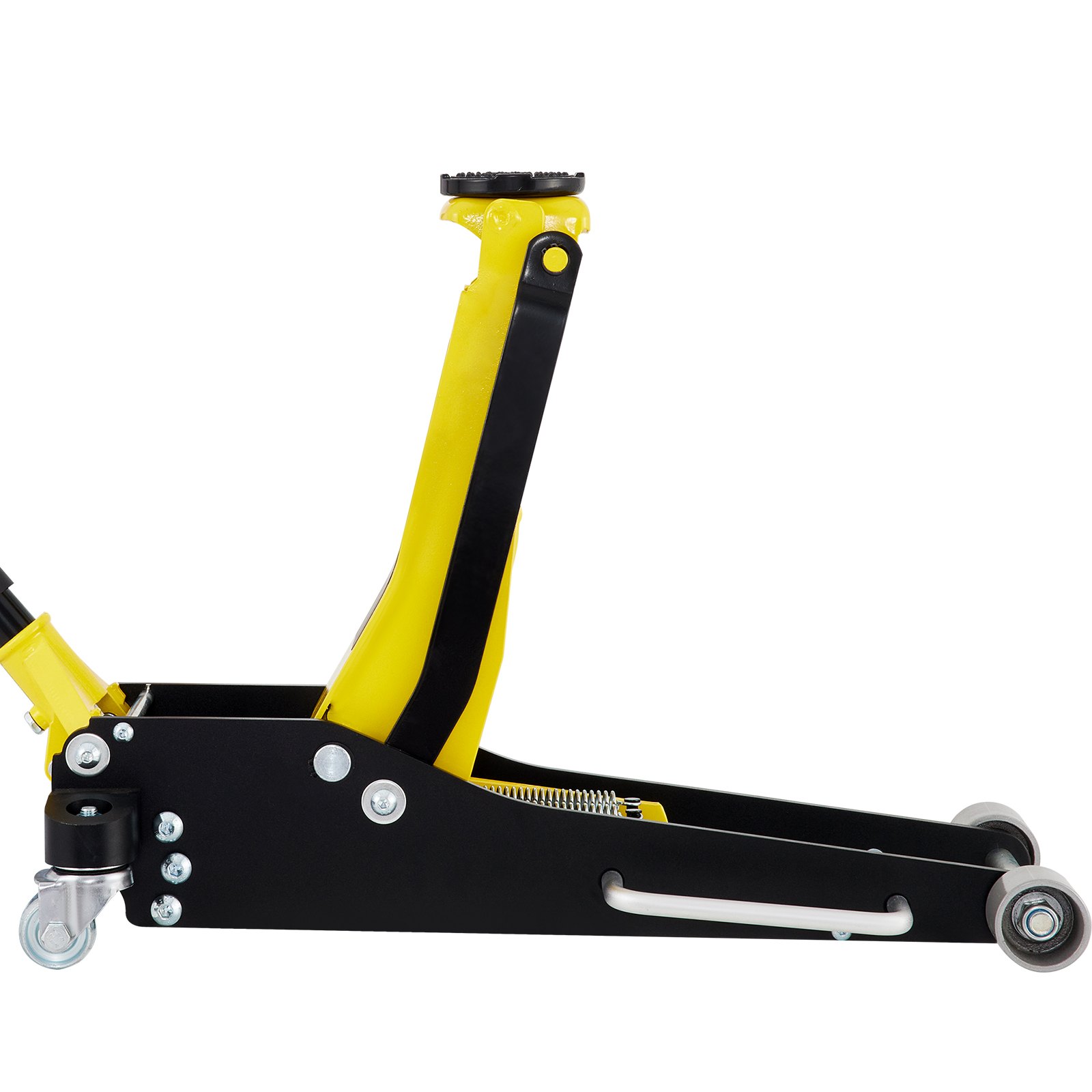 yellow and black VEVOR racing floor jack with sturdy wheels and lifting arm for vehicle maintenance.