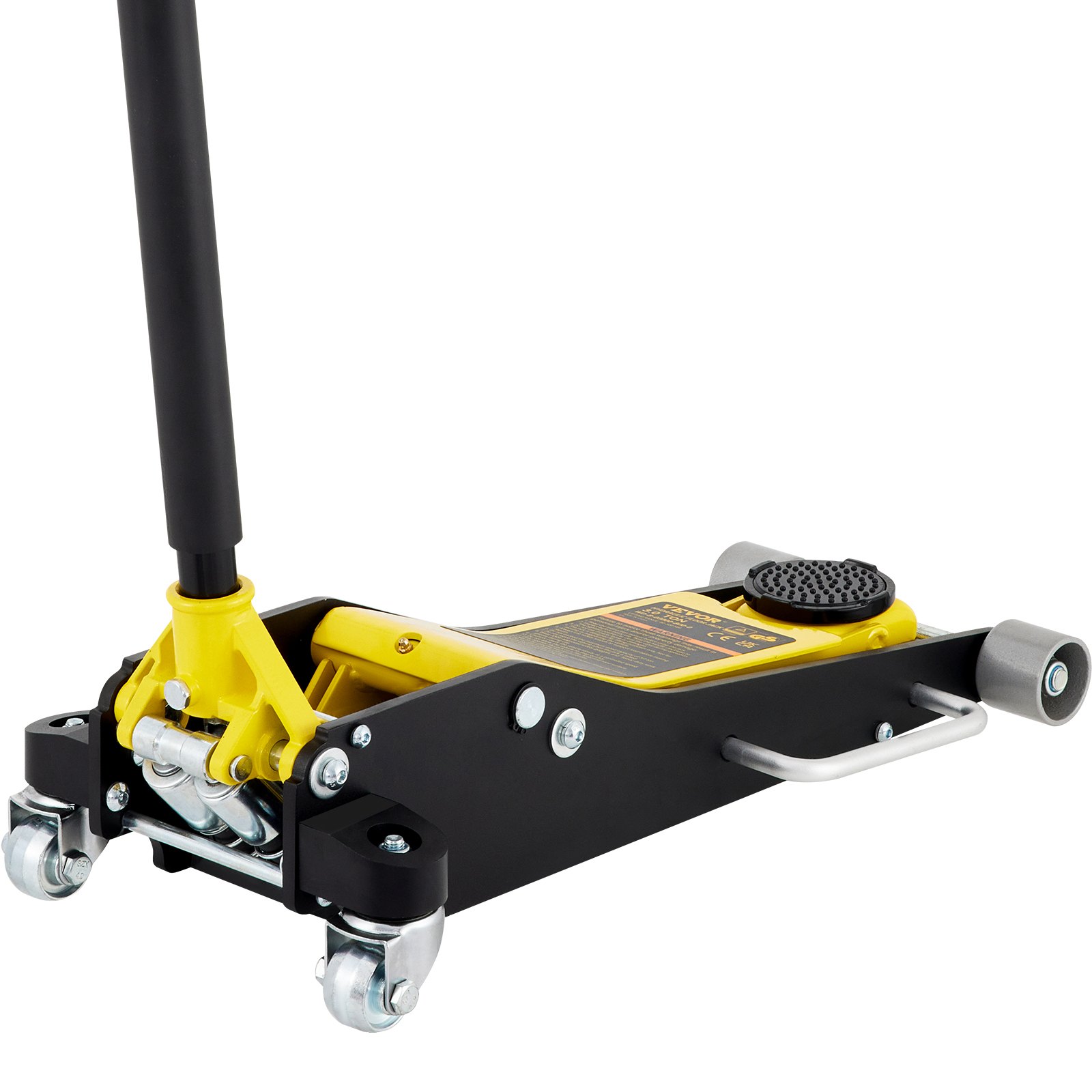 yellow and black VEVOR racing floor jack with dual front wheels and a padded handle.