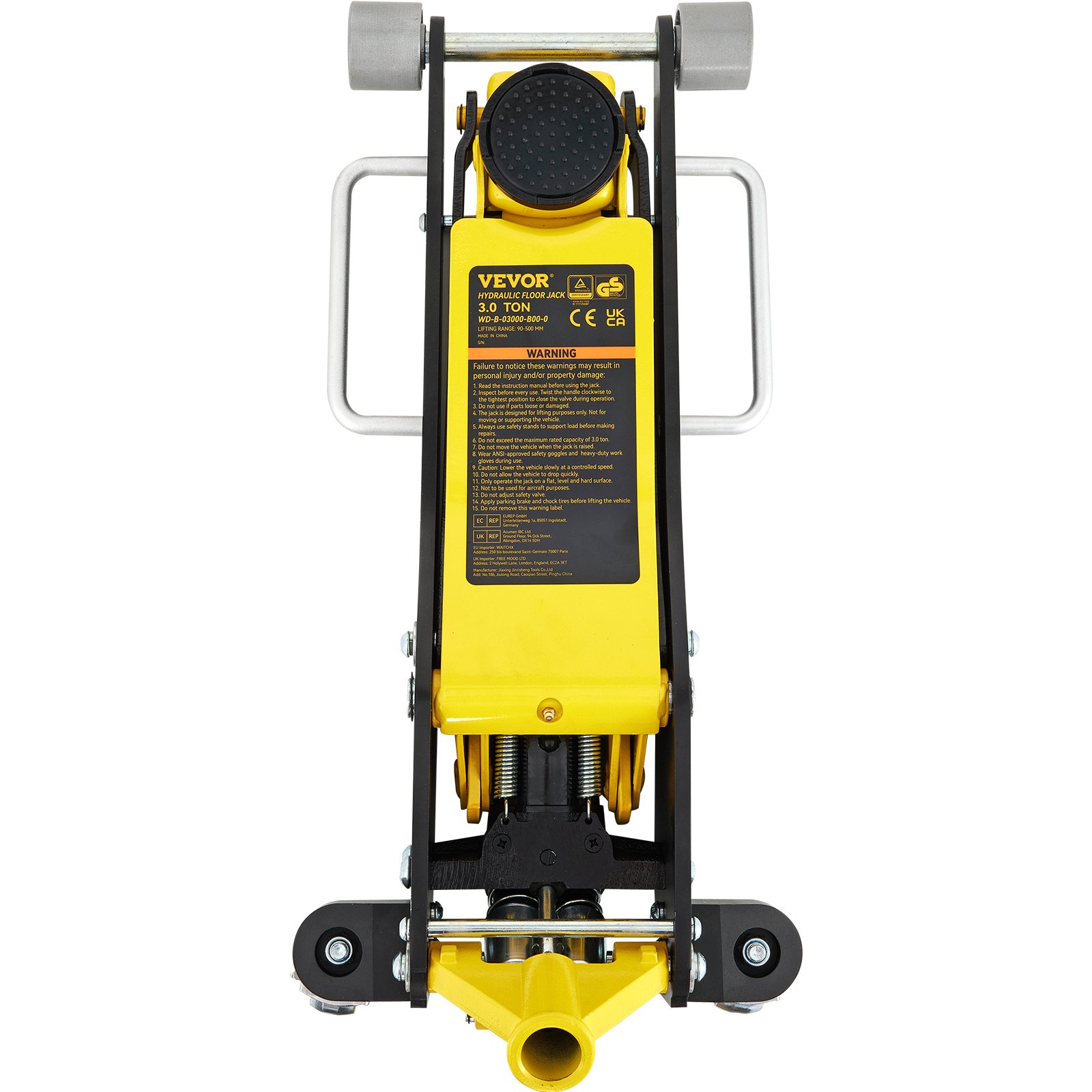 VEVOR racing floor jack, yellow and black, 3-ton capacity, with warning label and metal handles.