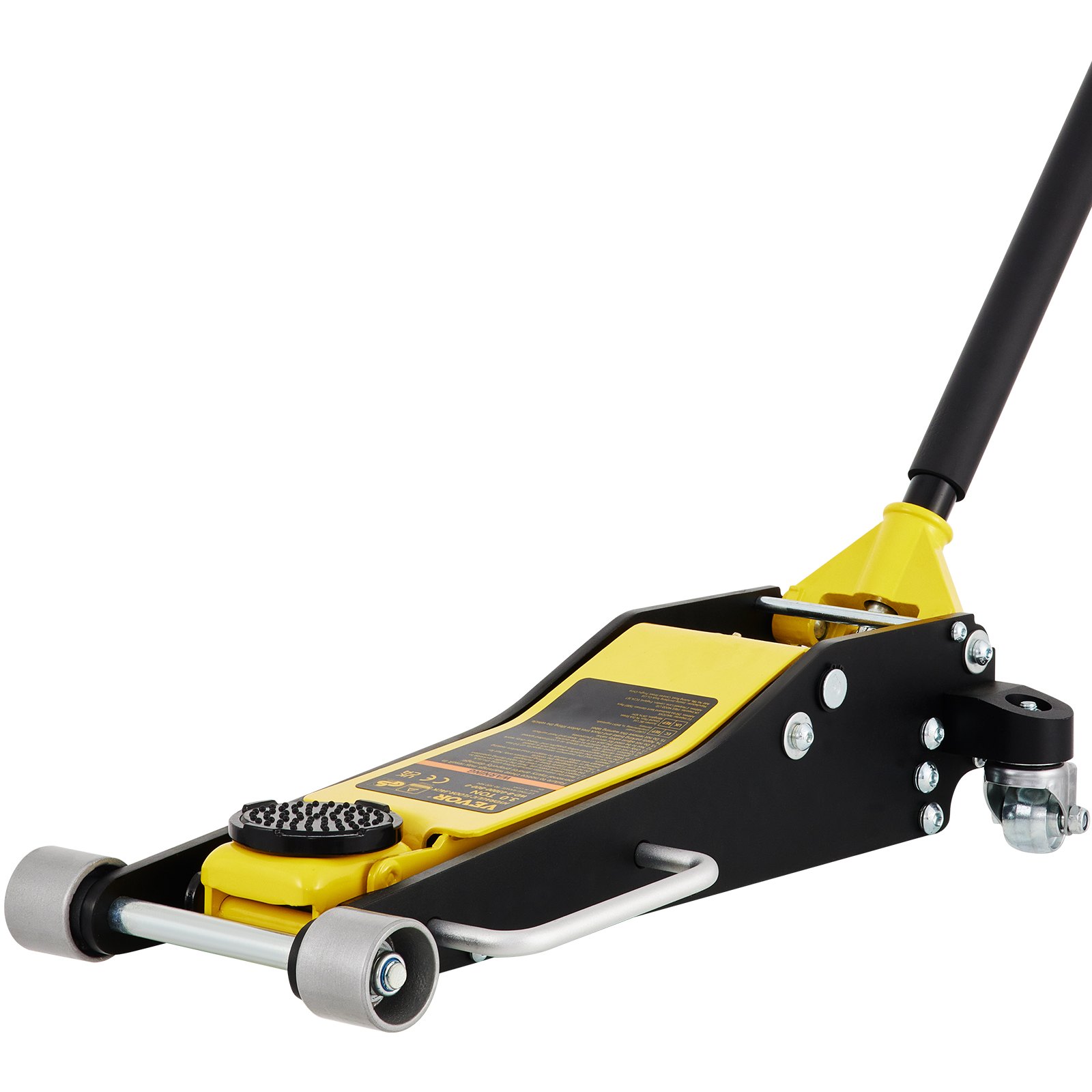 yellow and black VEVOR racing floor jack with a long handle and sturdy wheels.