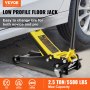 VEVOR floor jack lifting a car, low profile design, 2.5 ton capacity, easy tire change for all users.