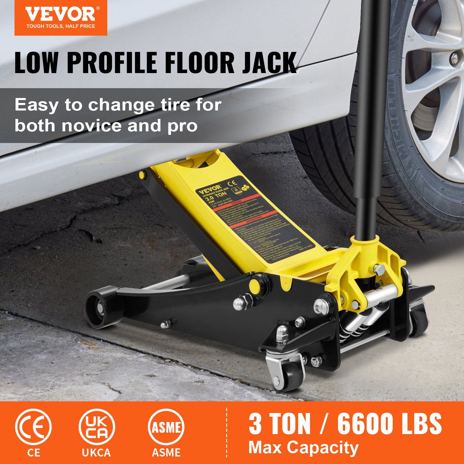 VEVOR low profile floor jack lifting a car, 3 ton max capacity, easy tire change.