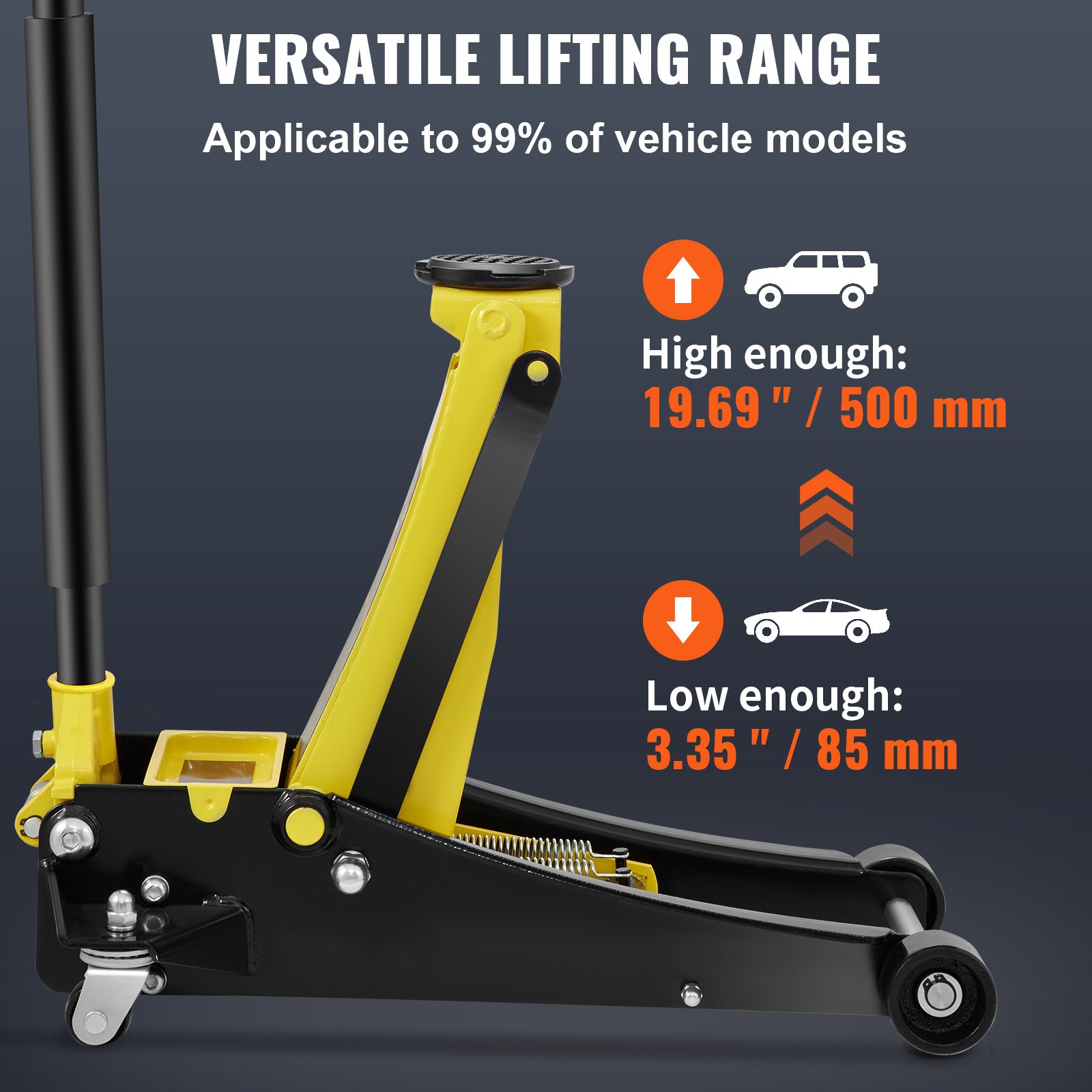 VEVOR floor jack with versatile lifting range, lifting from 3.35&quot; (85mm) to 19.69&quot; (500mm).