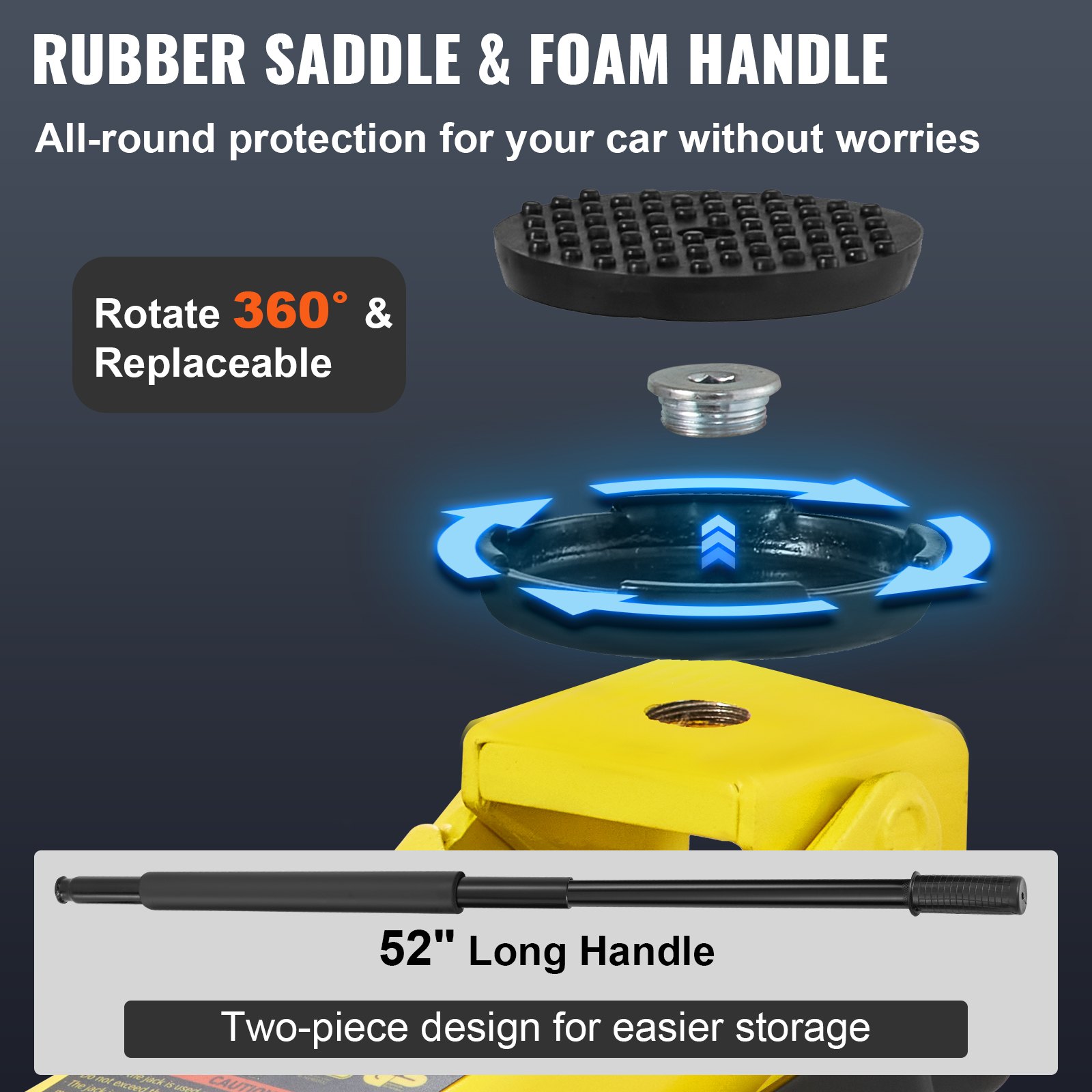 VEVOR floor jack with rubber saddle, foam handle, 360° rotation, and 52&quot; long two-piece handle.