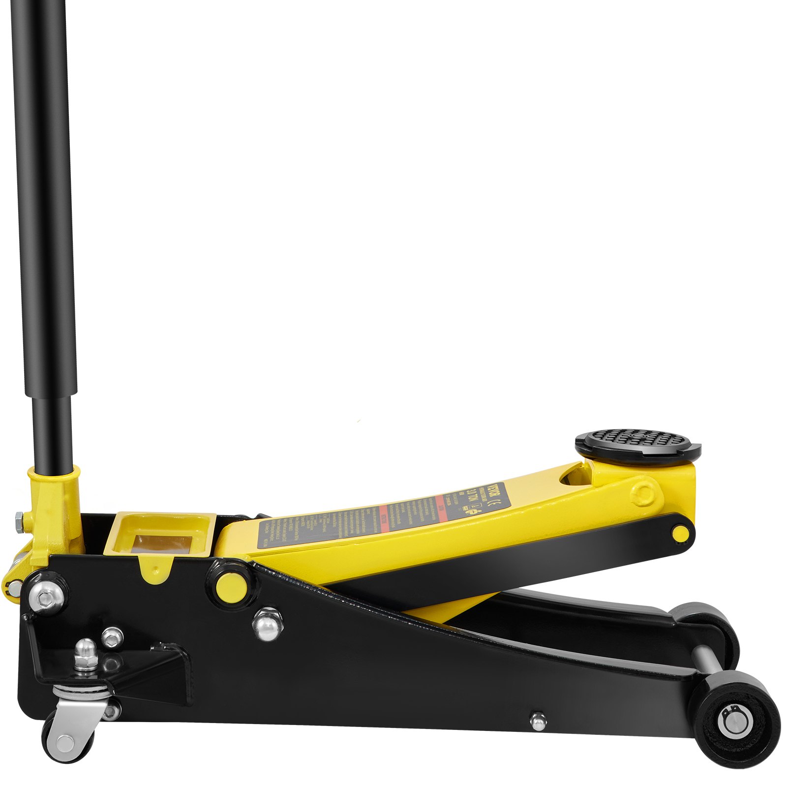 yellow and black VEVOR floor jack with hydraulic lift and wheels for heavy-duty vehicle maintenance.